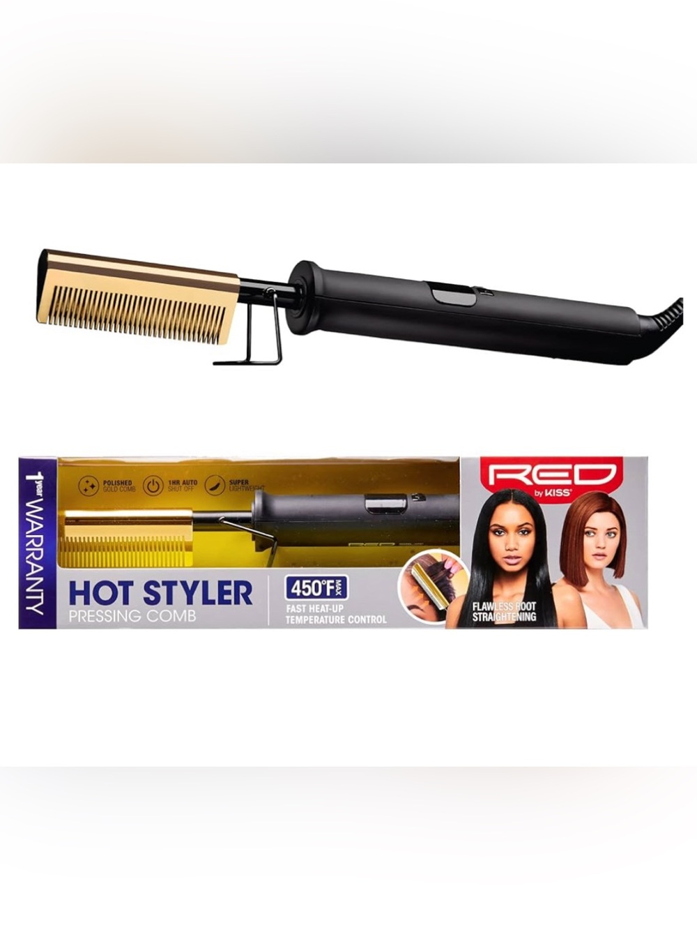 NWT - Kiss RED Hot Styler Pressing Comb - Black and Gold